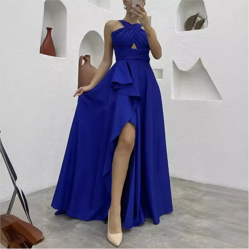 Elegant Sleeveless High Waist Ruffle Slit Corset Prom Dress