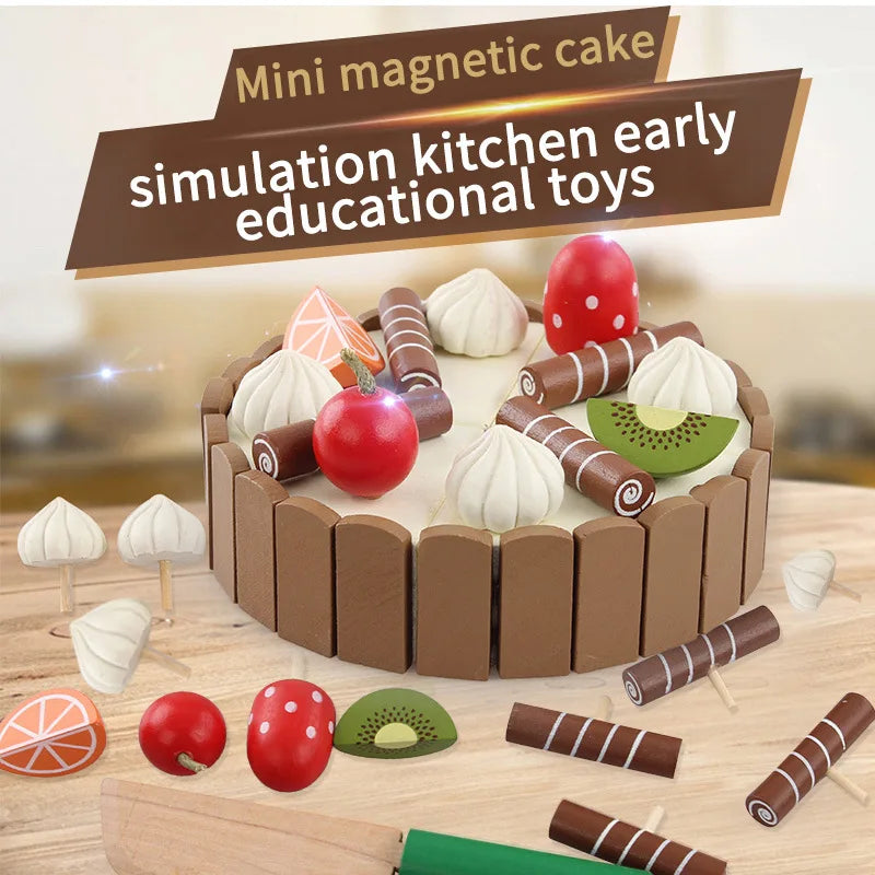 Wooden Kids Kitchen Toy Set – Pretend Play Cutting Cake & Fruit Cooking Toys