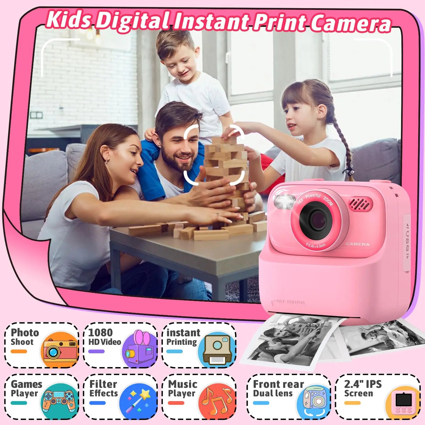 Kids Instant Print Camera 1080P HD Dual Lens – 32GB Selfie Digital Gift