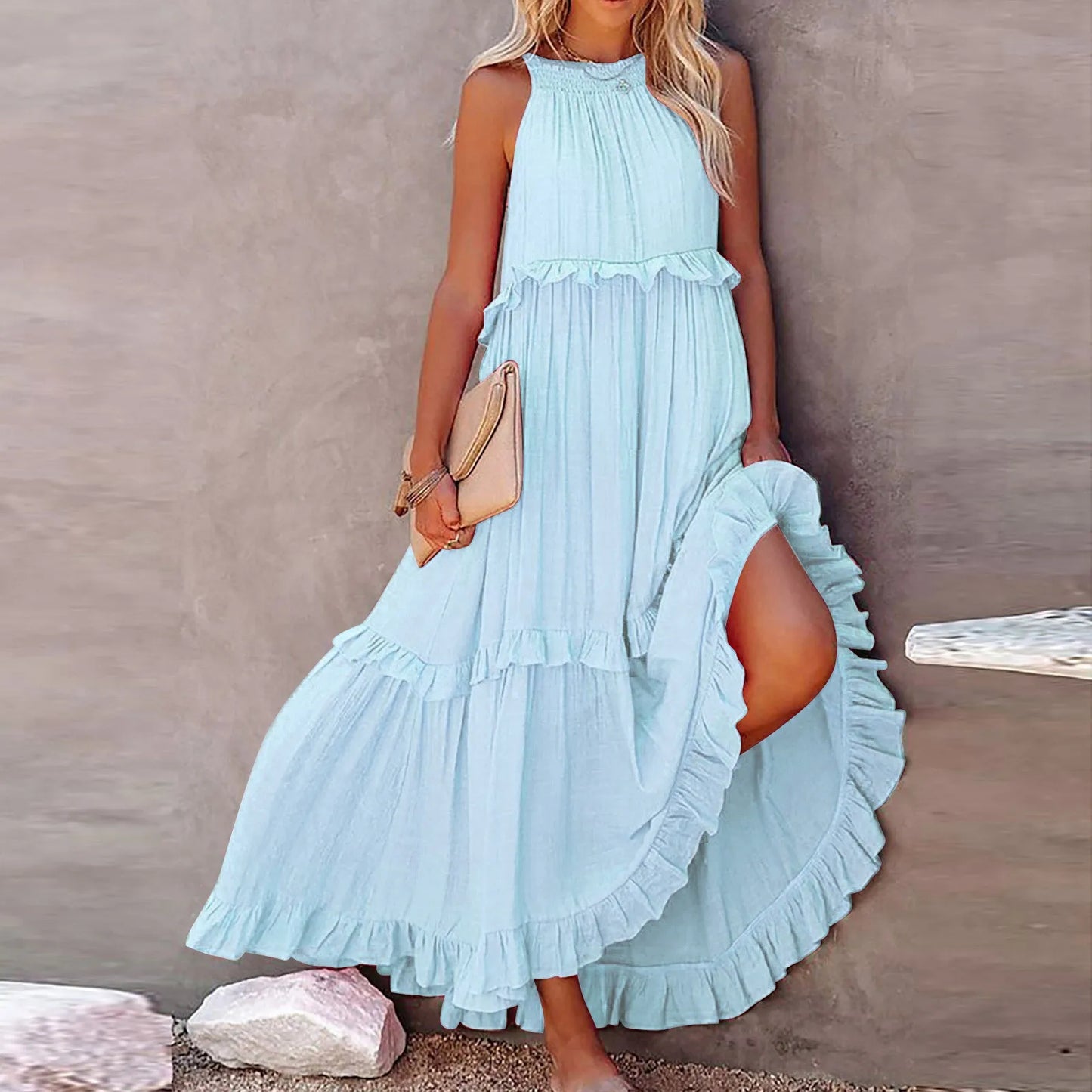 Women’s Casual Ruffle Maxi Dress – Sleeveless Summer Sundress for Beach & Parties