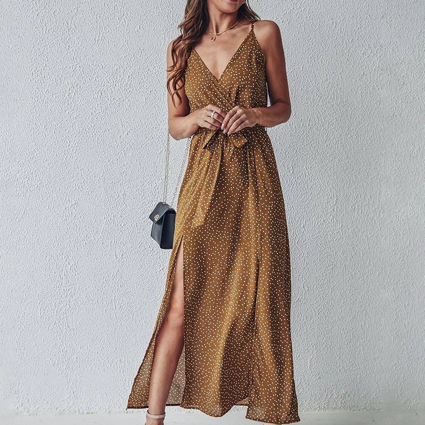 Women’s Summer Floral Print Backless Dress – Sexy Bandage Slit V-Neck Sundress