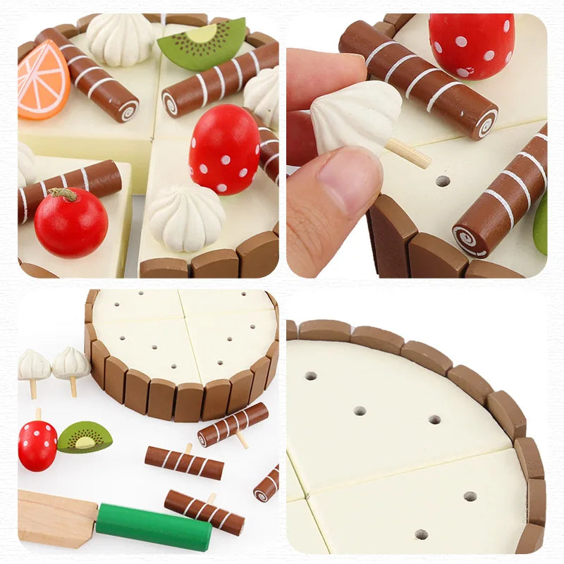 Wooden Kids Kitchen Toy Set – Pretend Play Cutting Cake & Fruit Cooking Toys
