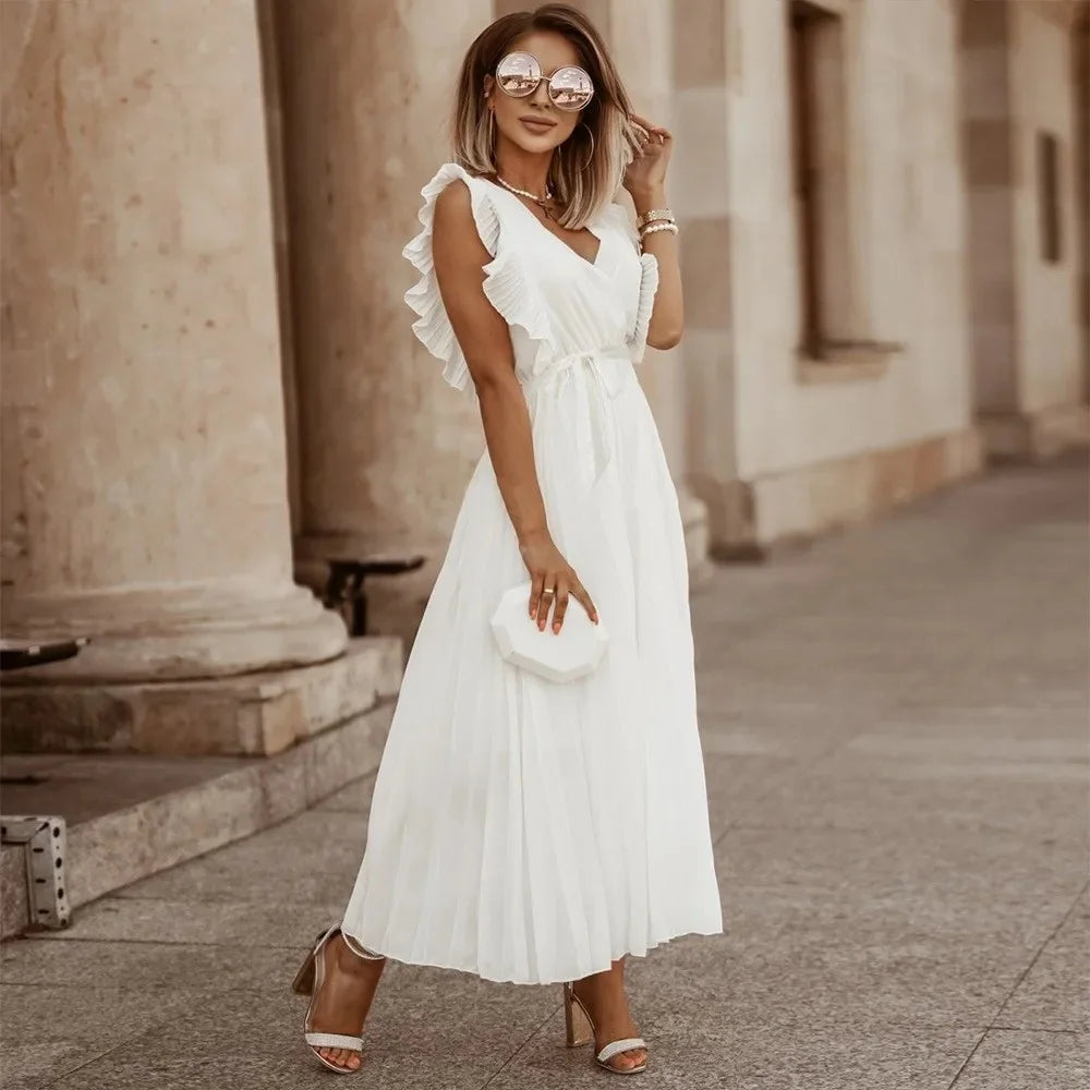 Elegant Long Beach Dress – Slimming Chiffon with Leaflet Sleeves, Solid Color for Women