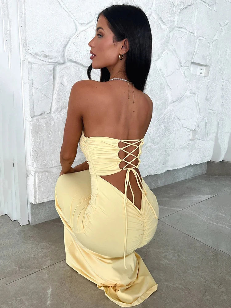 Mozision Strapless Off-Shoulder Lace-Up Bodycon Maxi Dress