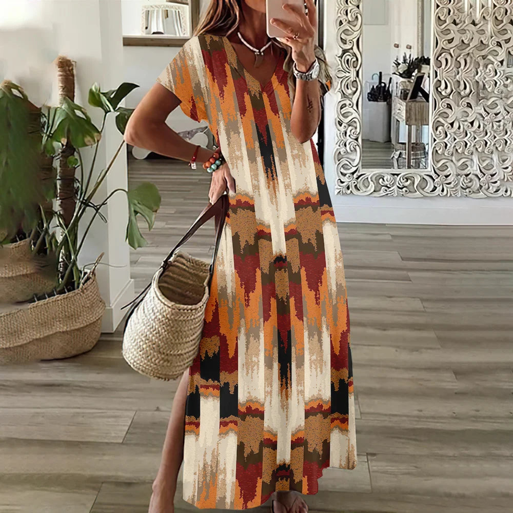 Women’s V-Neck Bohemian Dress – Short Sleeve Summer Skirt with Slit