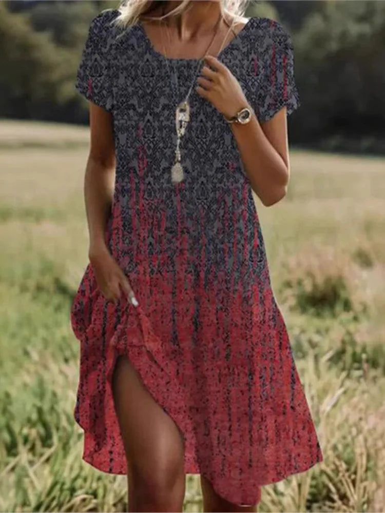 Boho Floral Print Dress – Casual Summer Pullover with Short Sleeves & O-Neck