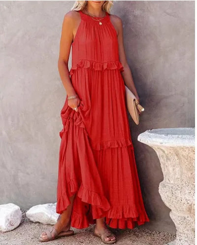 Women’s Spring/Summer Ruffle Edge Beach Skirt – Casual Solid Color Swing Maxi Skirt