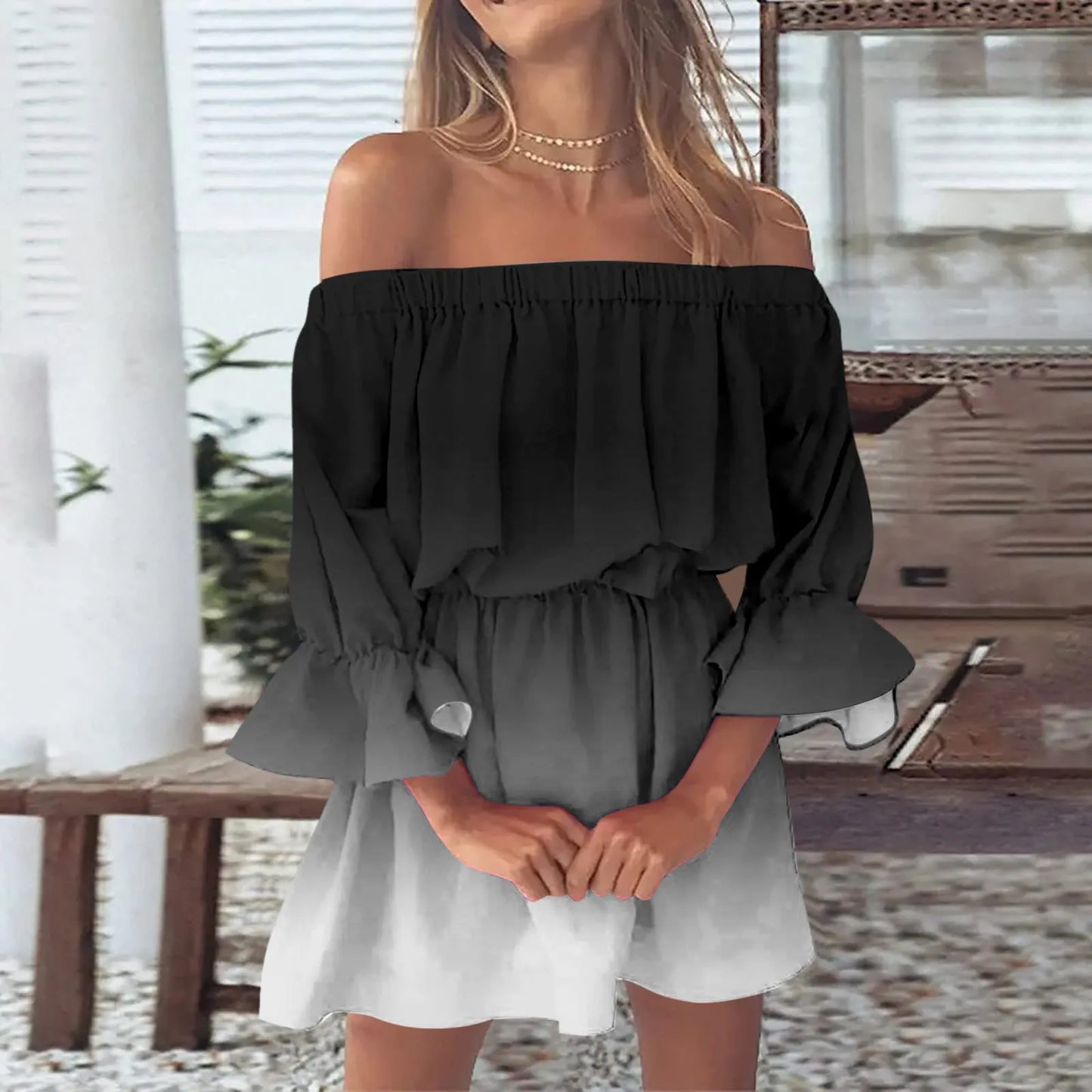 Women’s Gradient Off-Shoulder Boho Sundress – Summer Slash Neck with Ruffles