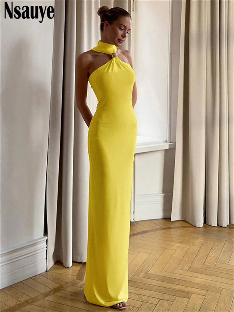Nsauye Women Sexy Halter Off-Shoulder Evening Dress – 2025 Summer Partywear