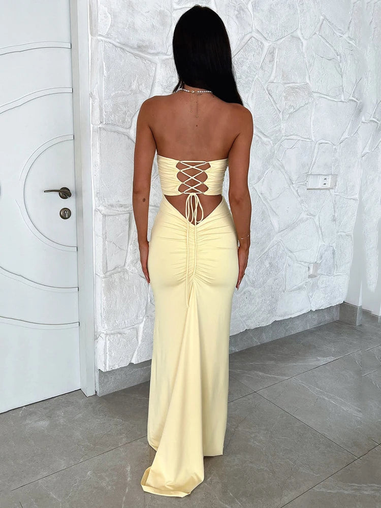 Mozision Strapless Off-Shoulder Lace-Up Bodycon Maxi Dress