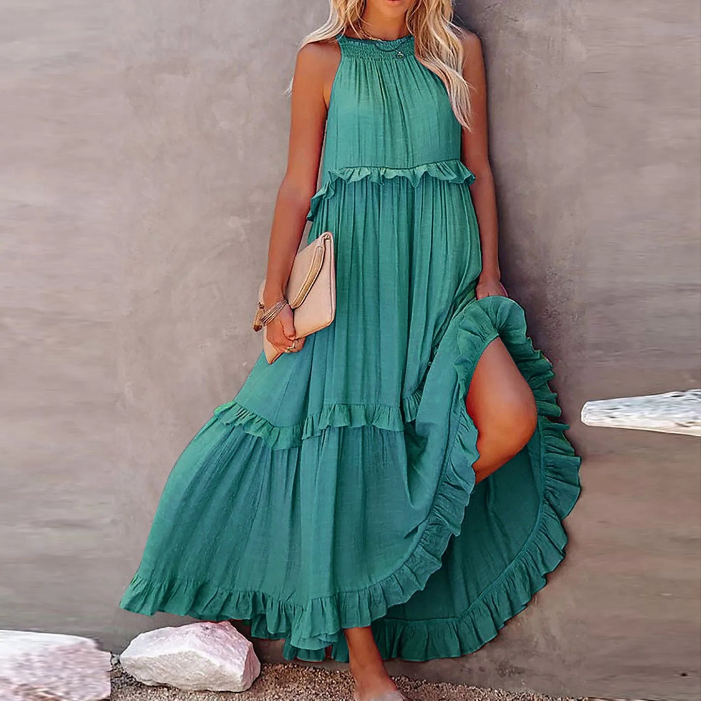 Women’s Casual Ruffle Maxi Dress – Sleeveless Summer Sundress for Beach & Parties