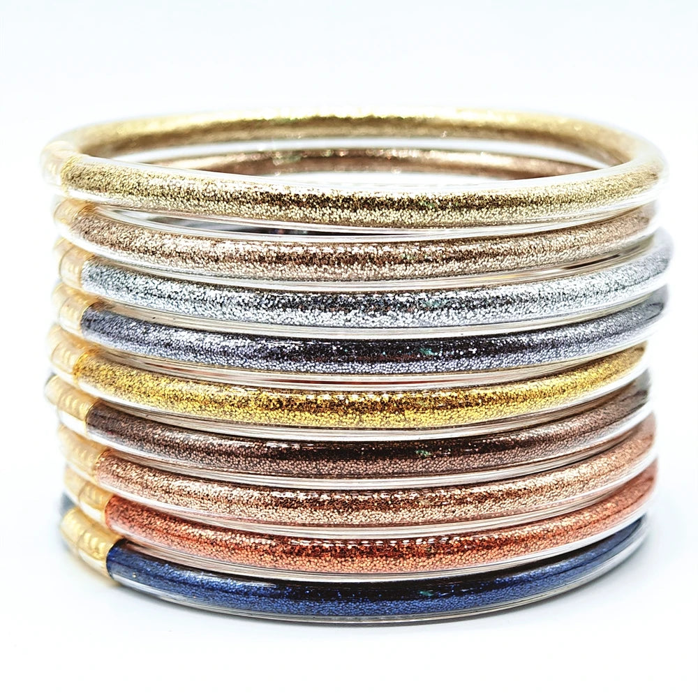 9-Piece Glitter Silicone Jelly Bangle Set – Metallic Bowknot Bracelets for Women & Girls