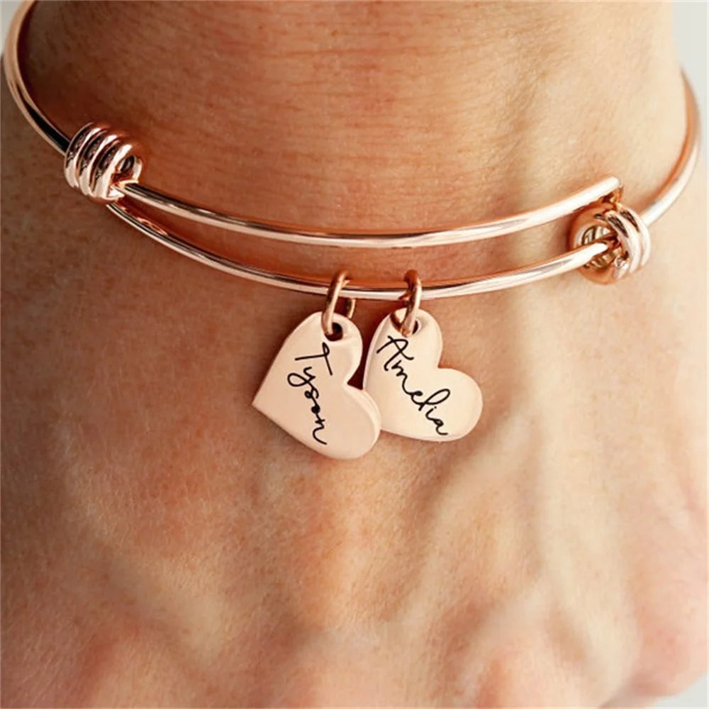 Custom Engraved Name Bangle – Adjustable Heart Pendant Bracelet for Women