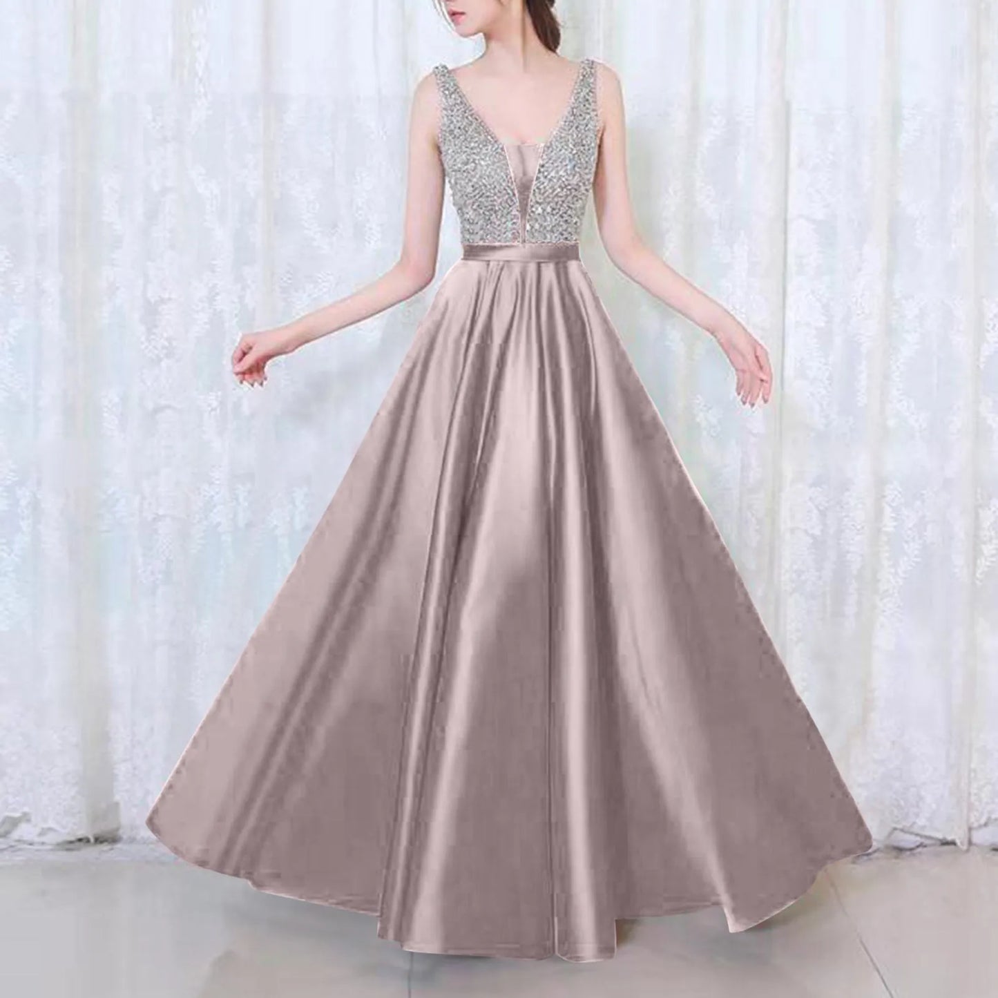Sequin V-Neck Evening Dress – Elegant Sleeveless Sparkly Prom Gown