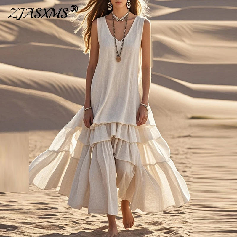 Women’s Retro Cotton Linen Pleated Maxi Dress – V-Neck Sleeveless Boho Beach Dress