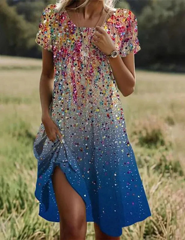 Boho Floral Print Dress – Casual Summer Pullover with Short Sleeves & O-Neck