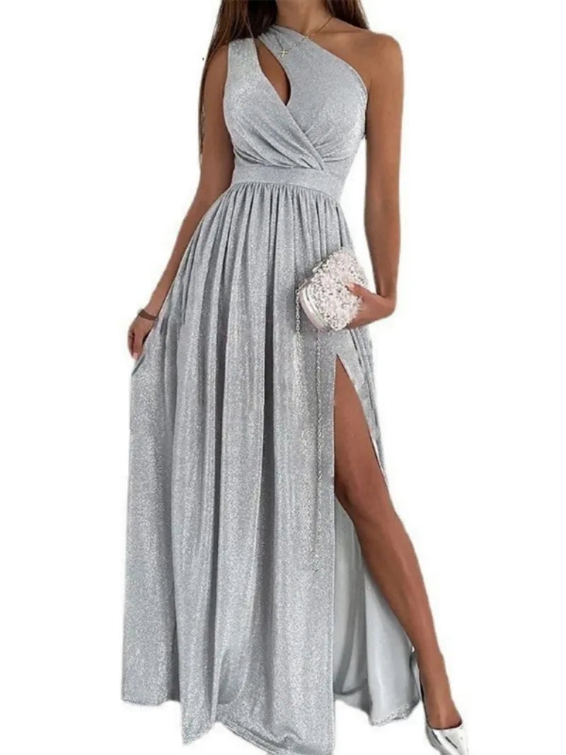 Women’s Elegant One-Shoulder A-Line Dress – Red High Slit Prom & Evening Maxi Dress