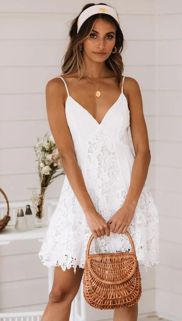 Women's White Lace Spaghetti Strap Mini Dress – Backless V-Neck Summer 2023