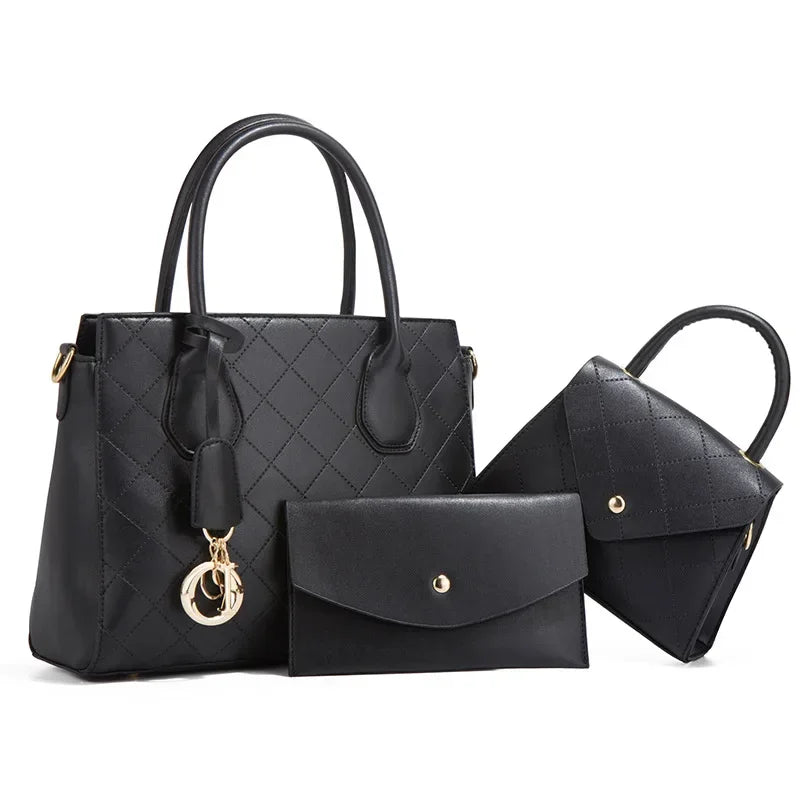 Quilted Handbag Set – 3-Piece Retro Tote, Crossbody & Shoulder Bag