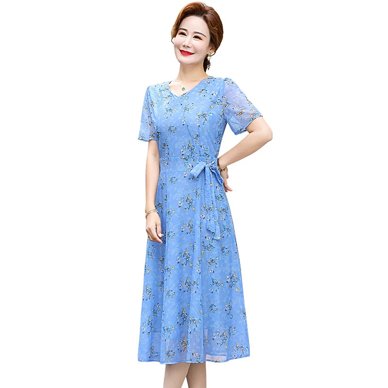 Summer Floral Print Chiffon Dress – Short Sleeve A-Line Beach Dress for Women