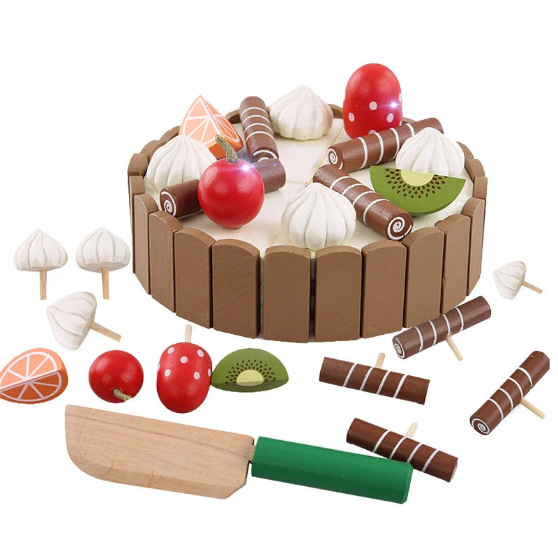 Wooden Kids Kitchen Toy Set – Pretend Play Cutting Cake & Fruit Cooking Toys