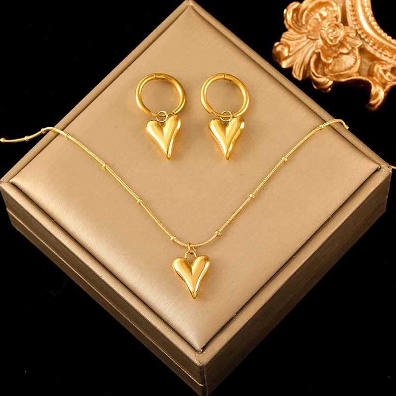 EILIECK Gold Heart Necklace & Earrings Set – Waterproof Stainless Steel Jewelry