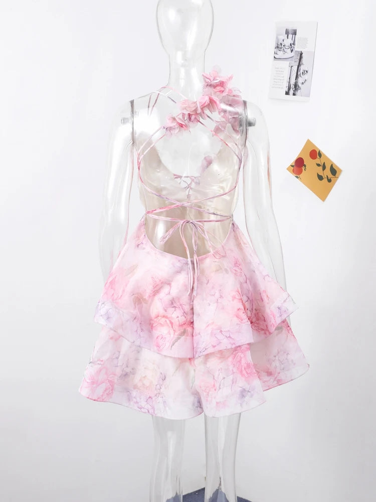 Elegant Floral Puff Sleeve Mini Dress – 3D Flower V-Neck Summer Gown