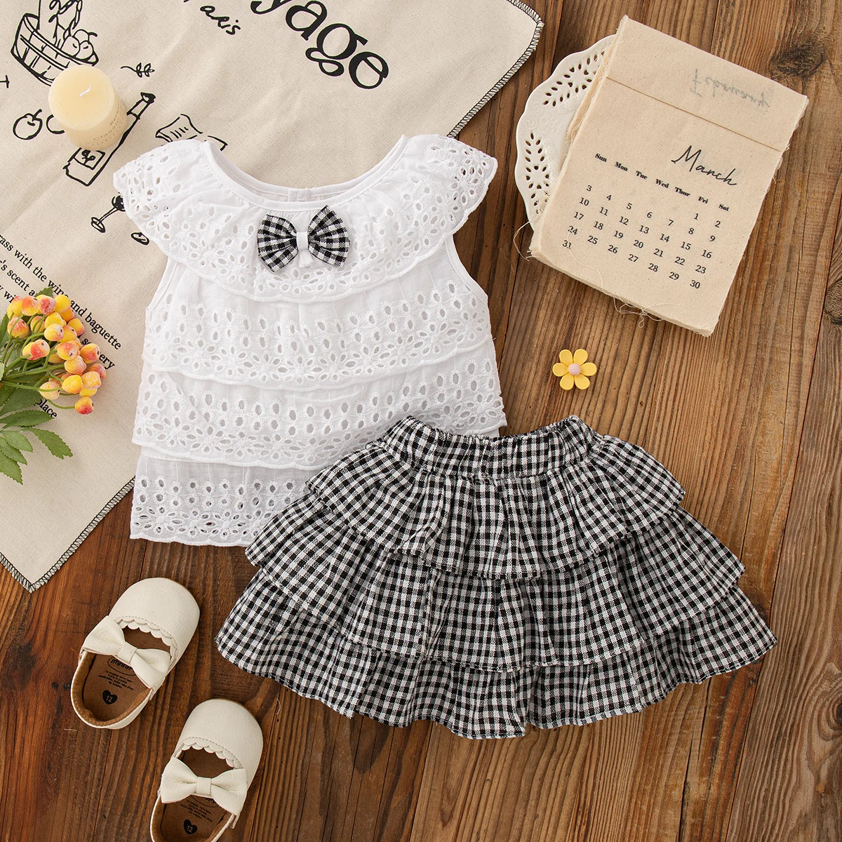 White Hollow Out Sleeveless Top+Plaid Skirt For Baby And Girl, Two-Piece Set,Summer New Children'S Clothing (9 Months -3 Years)