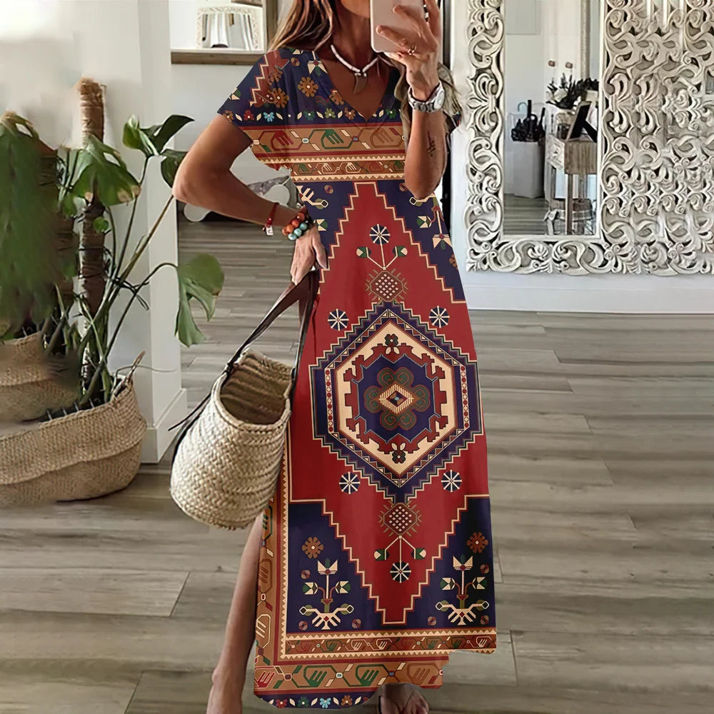 Women’s V-Neck Bohemian Dress – Short Sleeve Summer Skirt with Slit