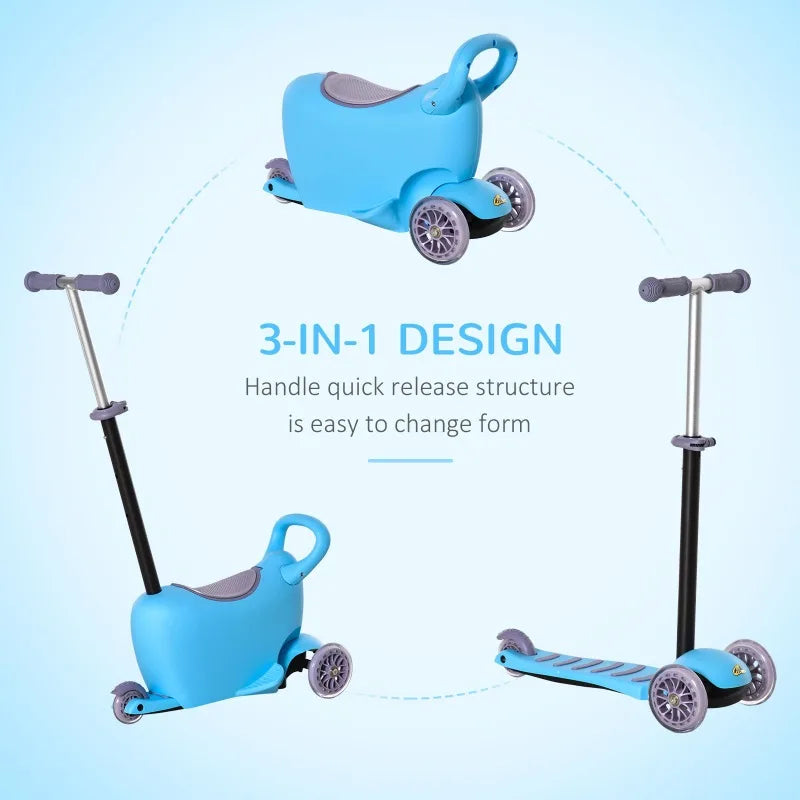 3-in-1 Kids Scooter – Adjustable Handlebar, Removable Storage Seat, for Ages 2-6, Blue