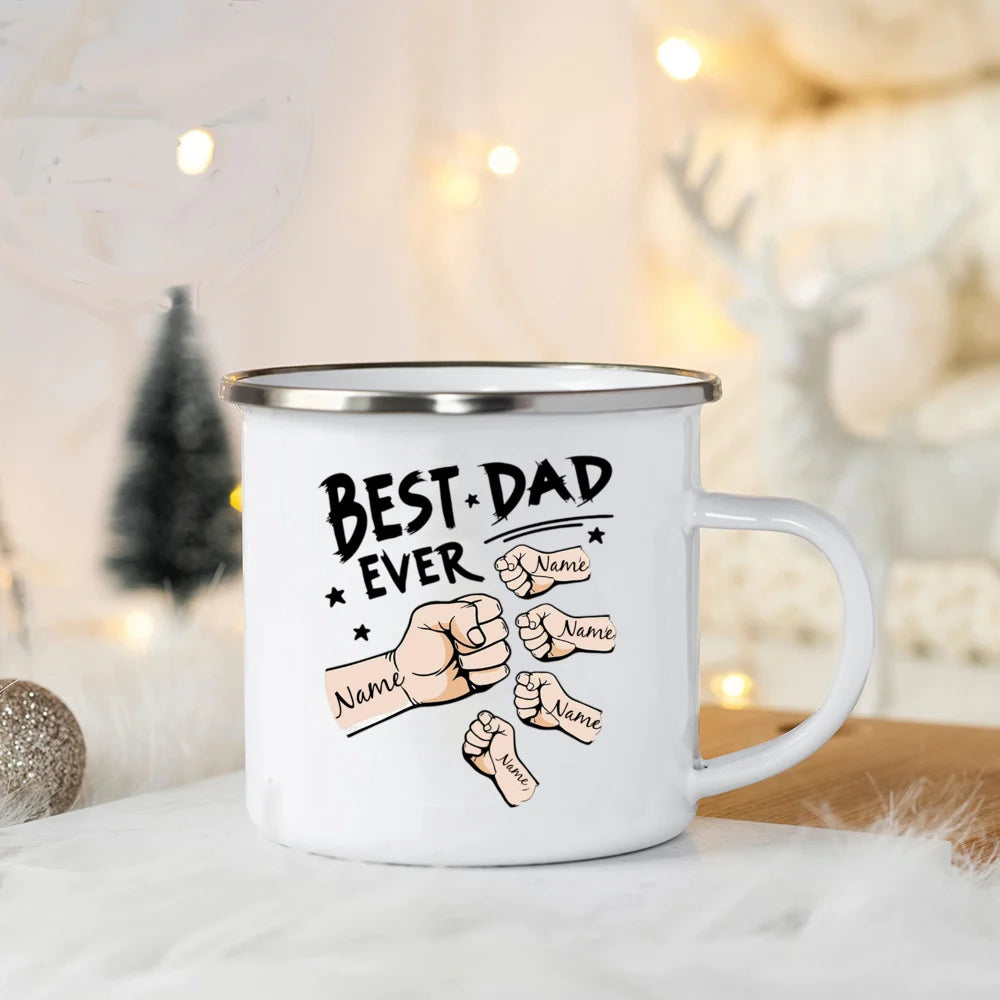 Father’s Day Fist Bump Enamel Mug – Personalized Gift for Dad & Grandpa