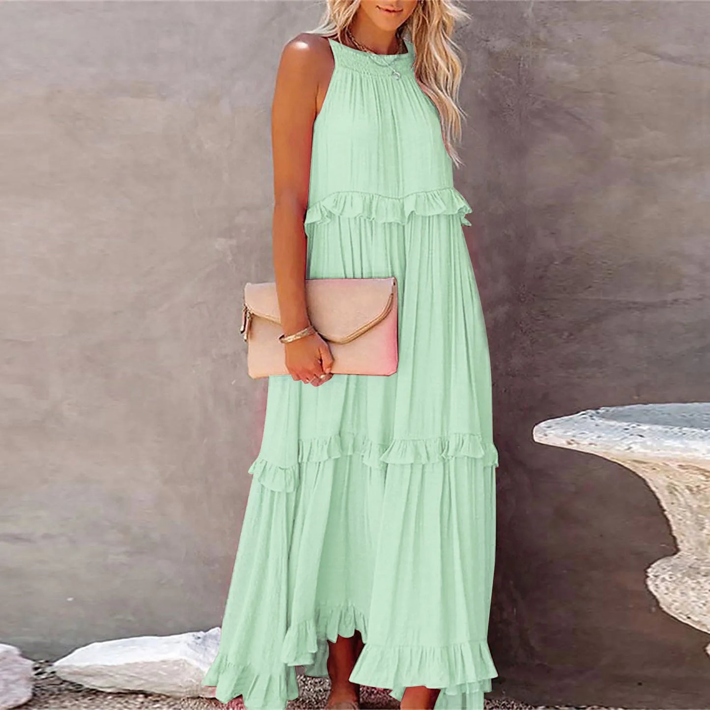 Women’s Casual Ruffle Maxi Dress – Sleeveless Summer Sundress for Beach & Parties