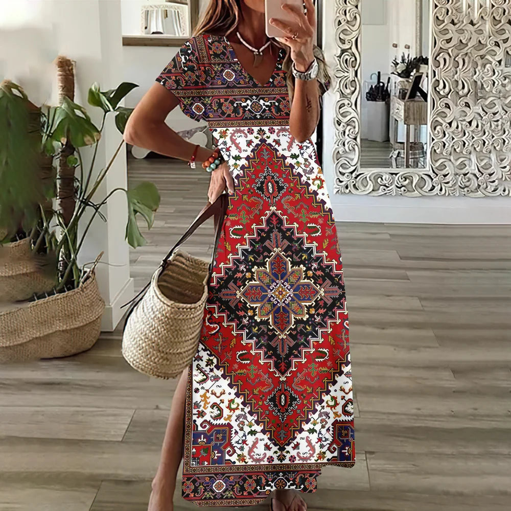 Women’s V-Neck Bohemian Dress – Short Sleeve Summer Skirt with Slit