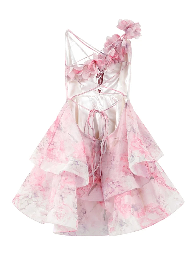 Elegant Floral Puff Sleeve Mini Dress – 3D Flower V-Neck Summer Gown