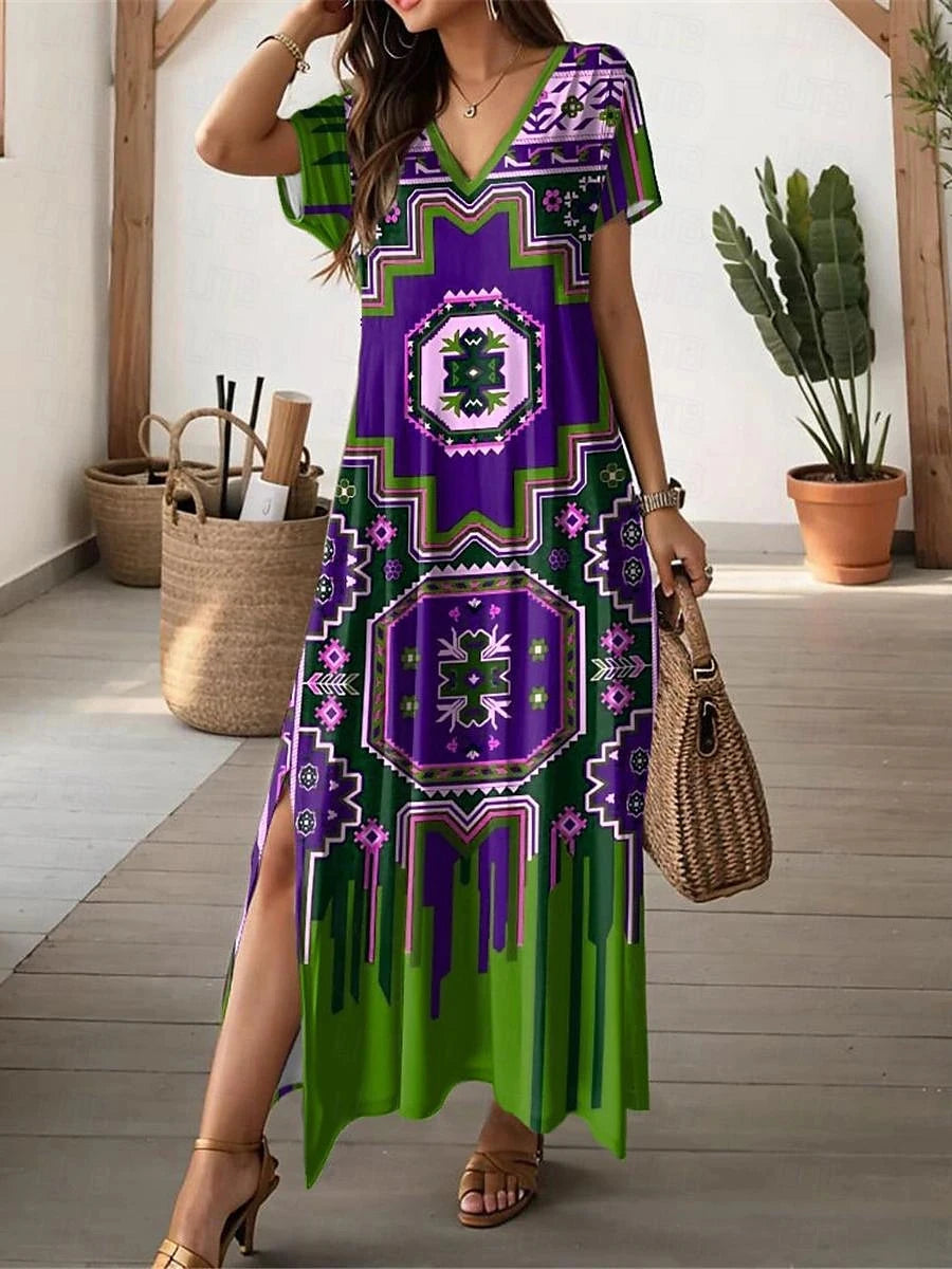 Women’s V-Neck Bohemian Dress – Short Sleeve Summer Skirt with Slit