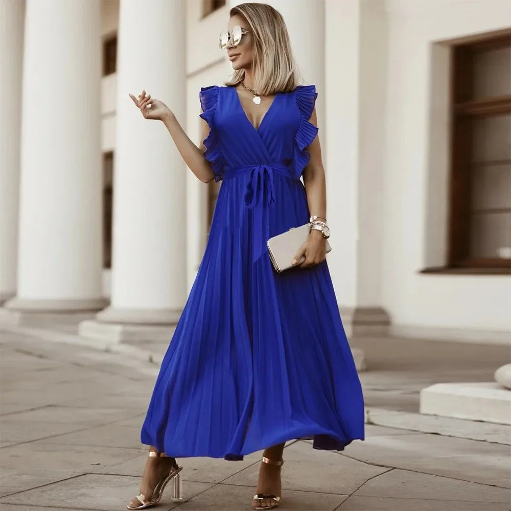 Elegant Long Beach Dress – Slimming Chiffon with Leaflet Sleeves, Solid Color for Women