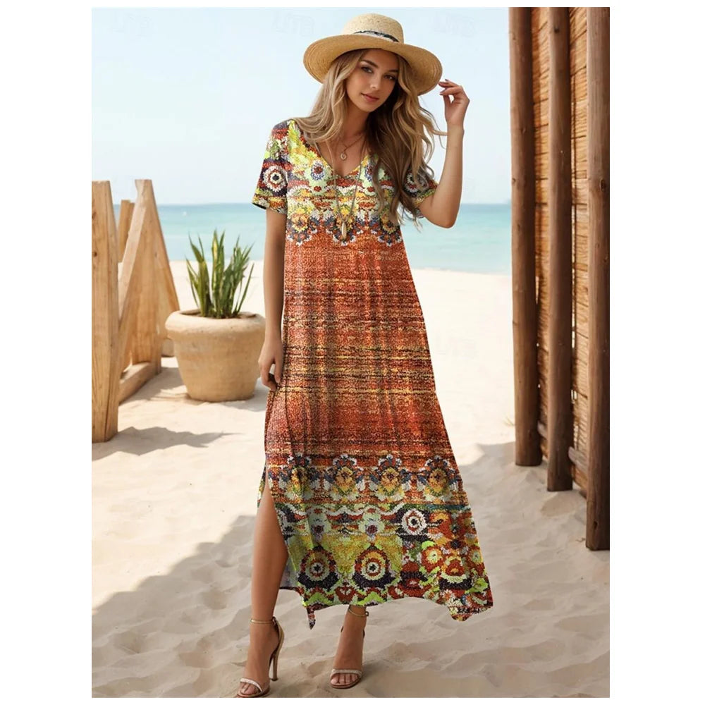 Women’s V-Neck Bohemian Dress – Short Sleeve Summer Skirt with Slit