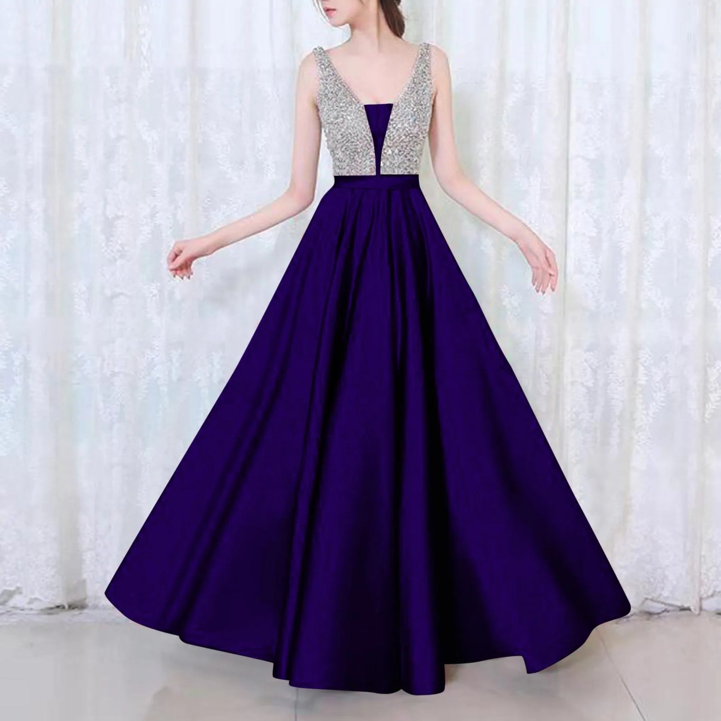 Elegant V-Neck Satin Evening Dress – 2024 Sleeveless Prom Gown