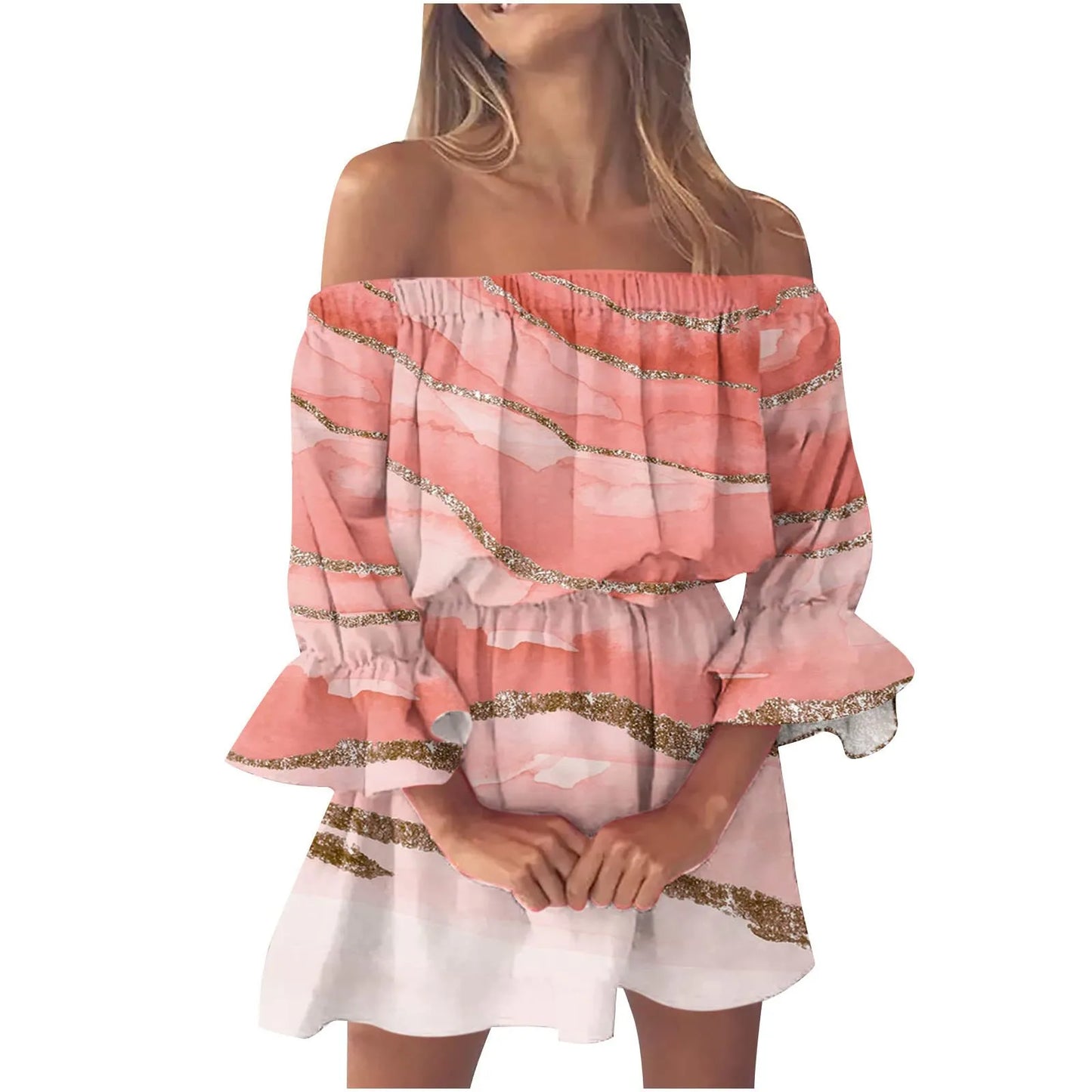 Women’s Gradient Off-Shoulder Boho Sundress – Summer Slash Neck with Ruffles