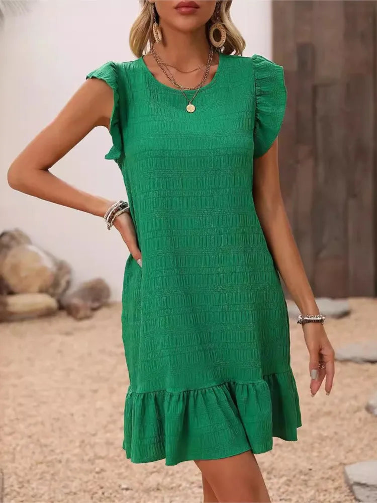 Women’s Summer O-Neck Pleated Sundress – Ruffle Sleeve Sweetheart Mini Dress in Green