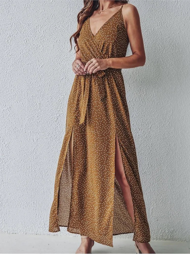 Women’s Summer Floral Print Midi Dress – Backless Lace-Up, Slit Beach Sundress