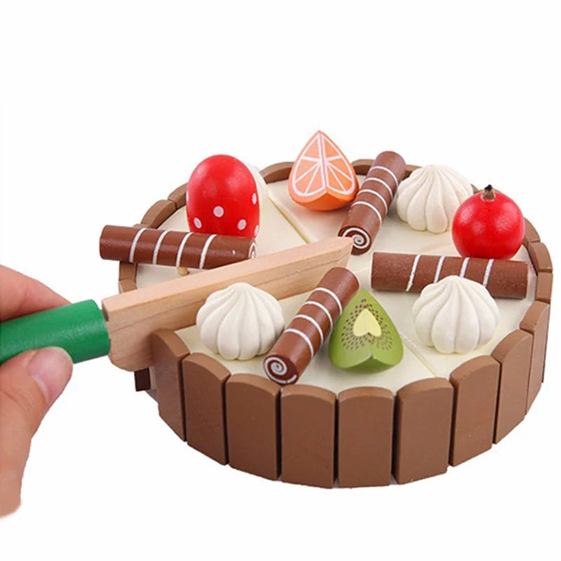 Wooden Kids Kitchen Toy Set – Pretend Play Cutting Cake & Fruit Cooking Toys