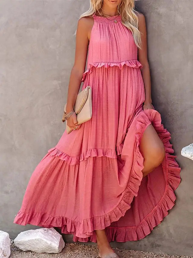 Women’s Spring/Summer Ruffle Edge Beach Skirt – Casual Solid Color Swing Maxi Skirt