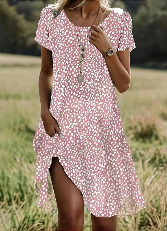 Boho Floral Print Dress – Casual Summer Pullover with Short Sleeves & O-Neck