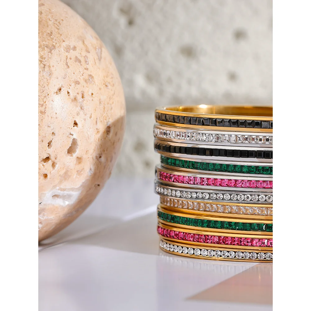 Yhpup CZ Bangle – Round & Square Luxury Stainless Steel Bracelet