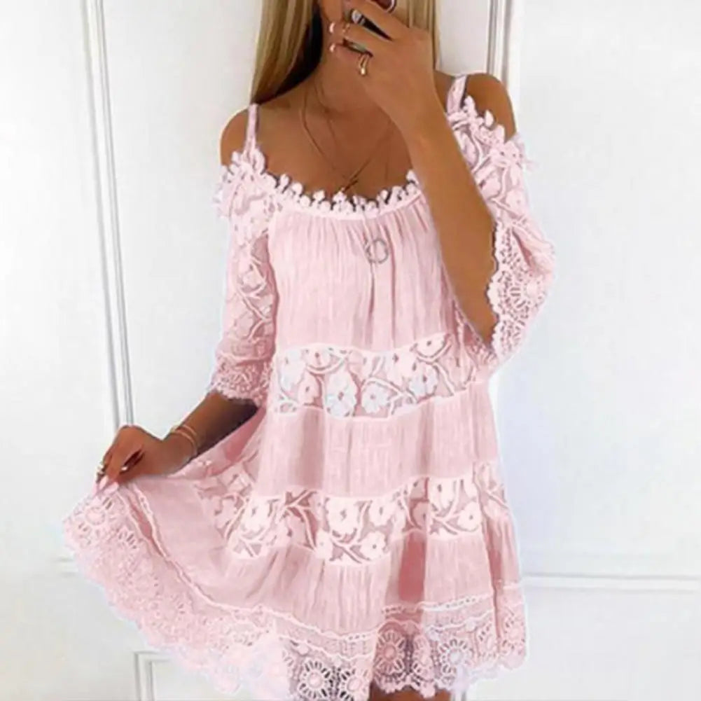Women's Cold Shoulder Crochet Lace Mini Dress – Summer Beach Style