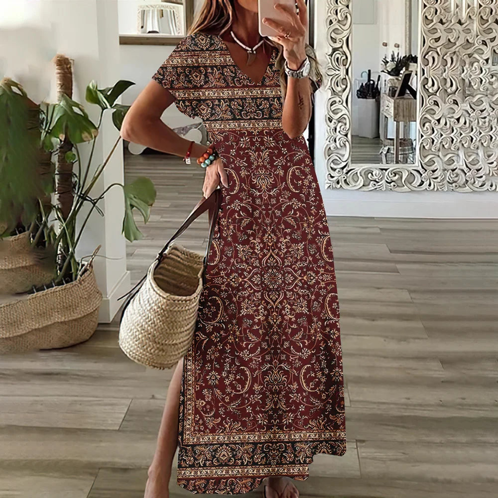Women’s V-Neck Bohemian Dress – Short Sleeve Summer Skirt with Slit