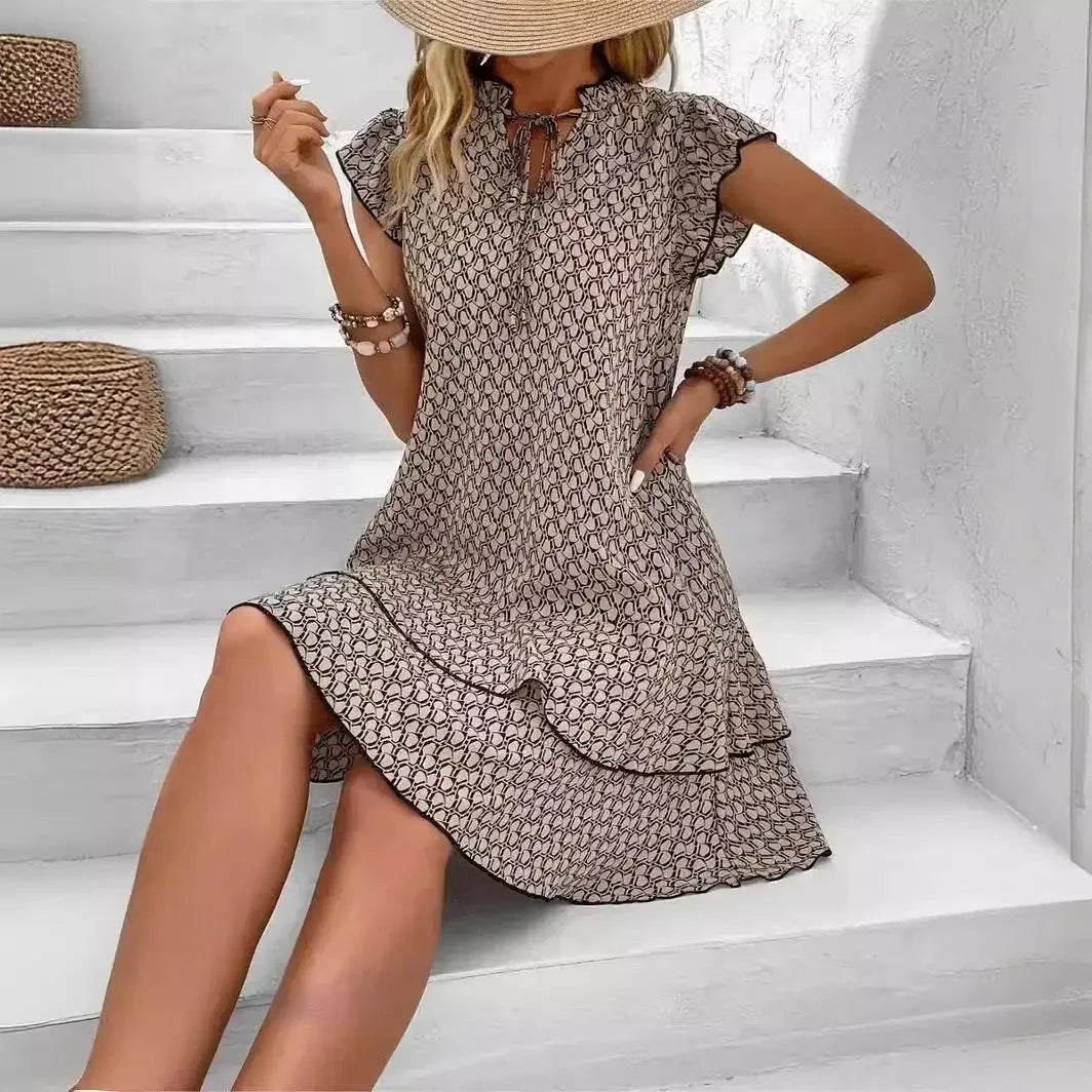Summer A-Line Mini Dress – Pleated Boho Sundress with Ruffle Sleeves & Sweetheart Neckline