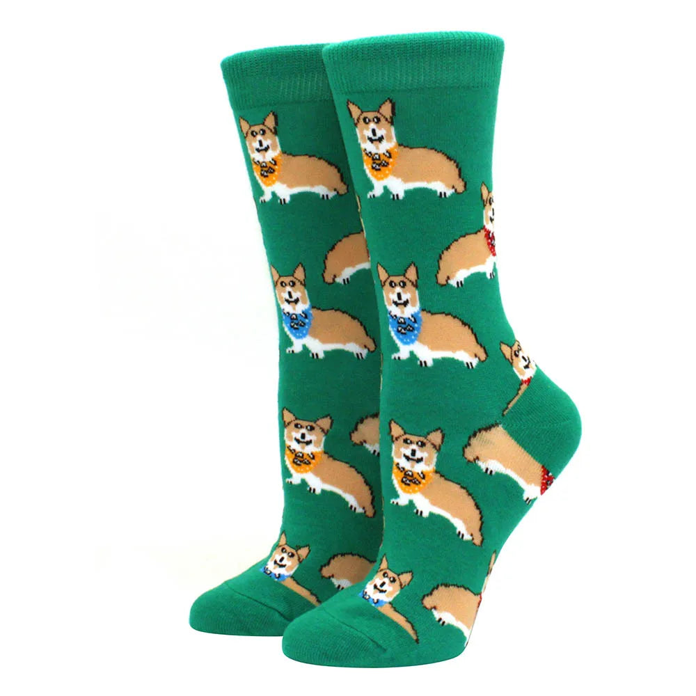 Cute Puppy Cartoon Socks – Corgi & Schnauzer Mid-Tube Unisex Breathable Comfort