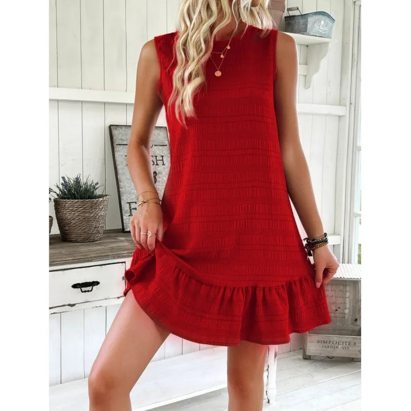 Women’s Summer Mini Dress – Sleeveless Ruffles with Back Bow, Casual Beach Holiday Dress